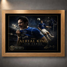 Tim Cahill Everton wall art shown in an oak frame with black mat border and gold collector details.