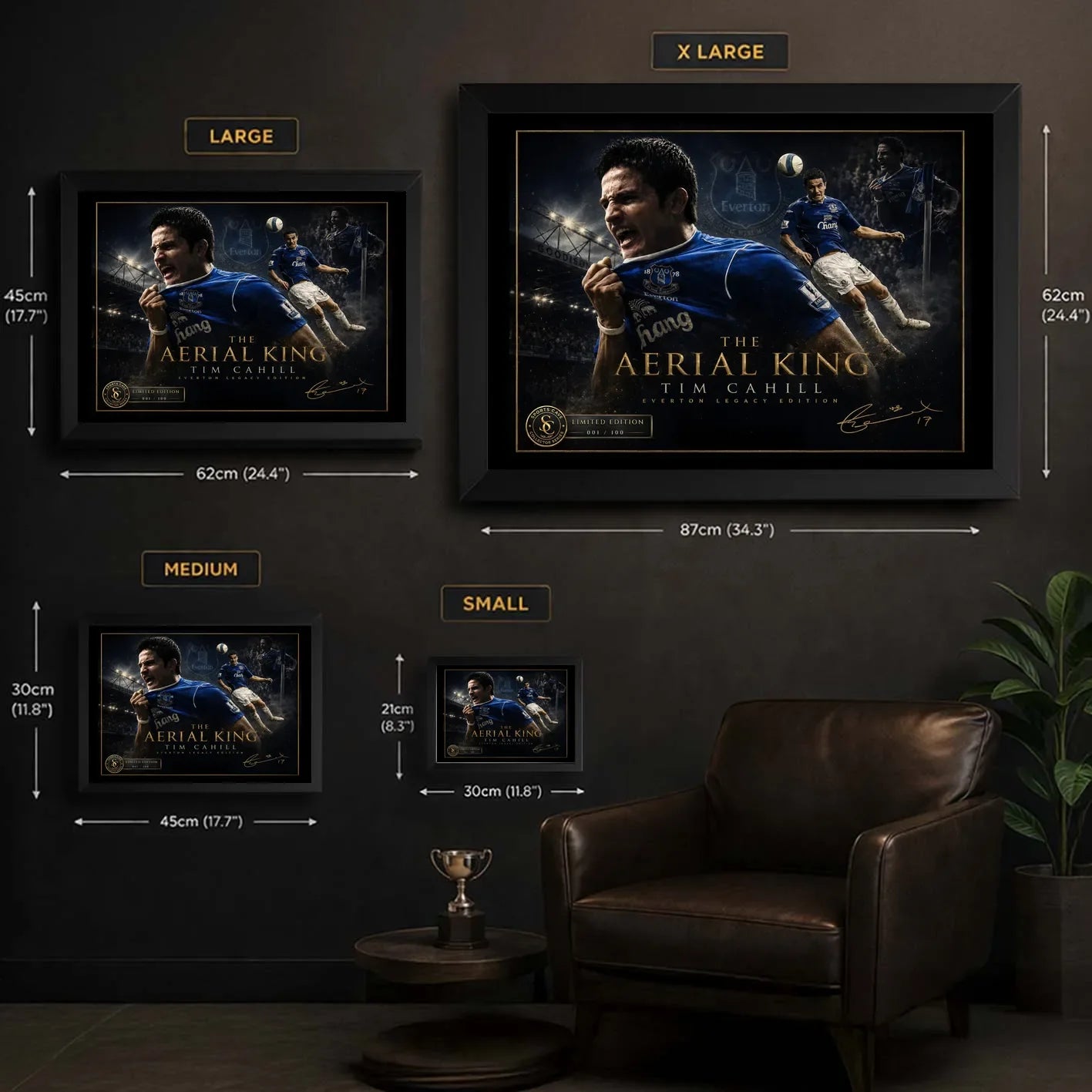 Tim Cahill Everton wall art size guide showing framed sizes with measurements.