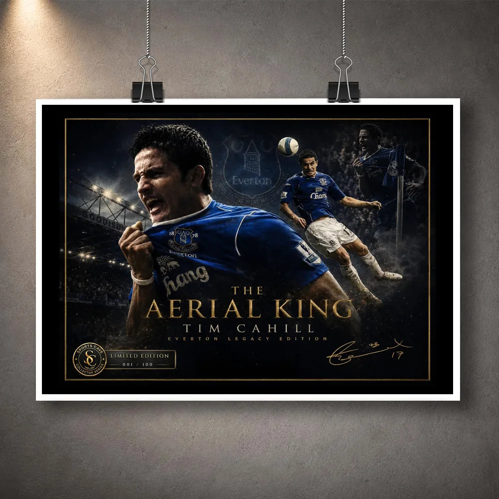 Tim Cahill Everton wall art shown as an unframed soccer print with white border.