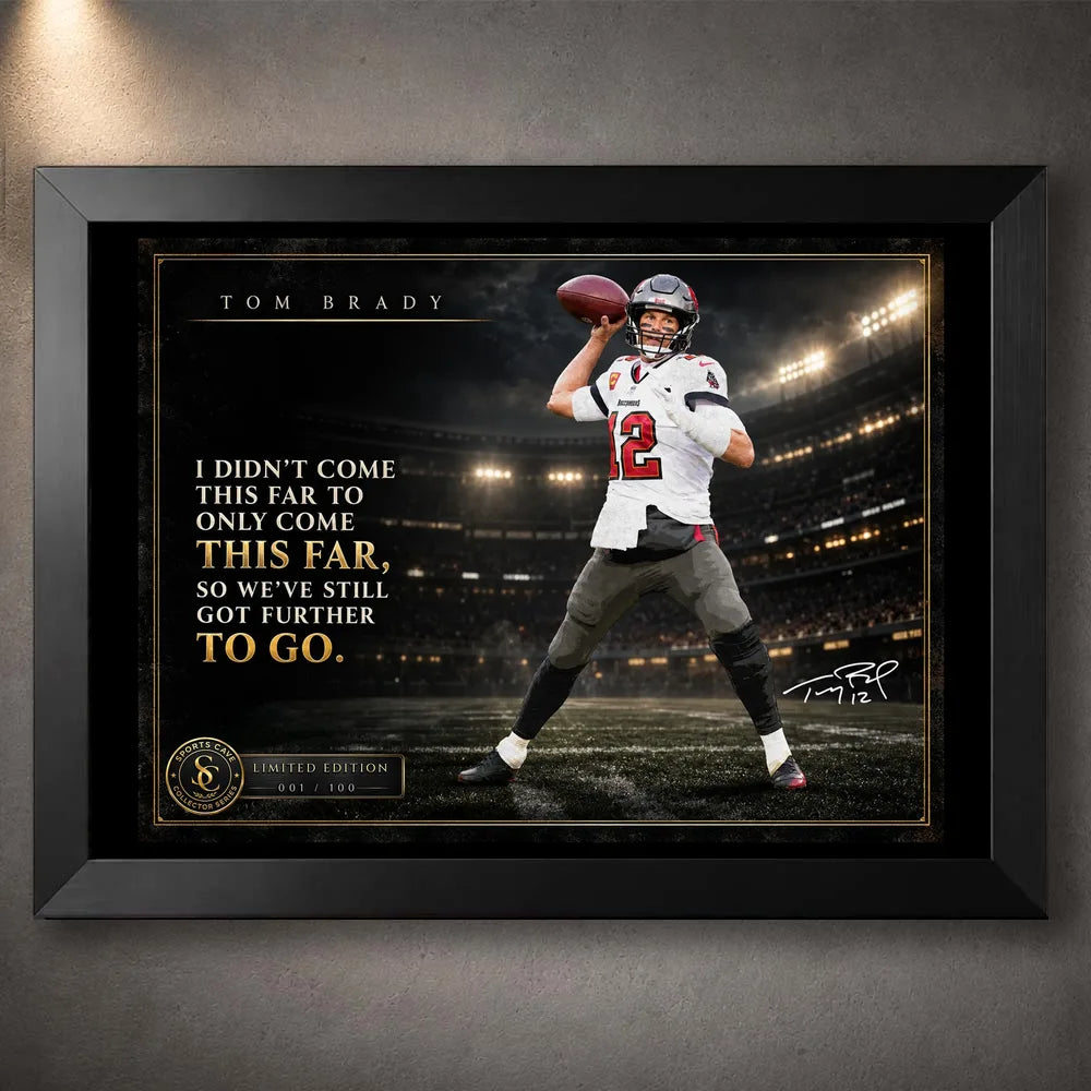 Tom Brady NFL wall art in a black frame with stadium backdrop, quote design and limited edition collector styling.
