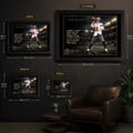 Tom Brady framed NFL wall art size guide showing Small, Medium, Large and XL dimensions in centimetres and inches.