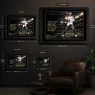 Tom Brady framed NFL wall art size guide showing Small, Medium, Large and XL dimensions in centimetres and inches.