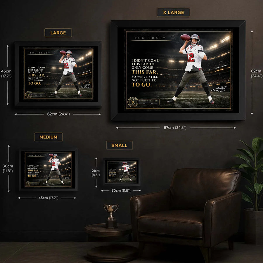 Tom Brady framed NFL wall art size guide showing Small, Medium, Large and XL dimensions in centimetres and inches.