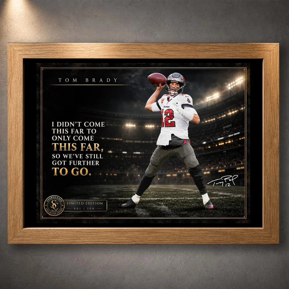 Tom Brady NFL wall art in an oak frame with stadium backdrop, motivational quote and collector edition details.