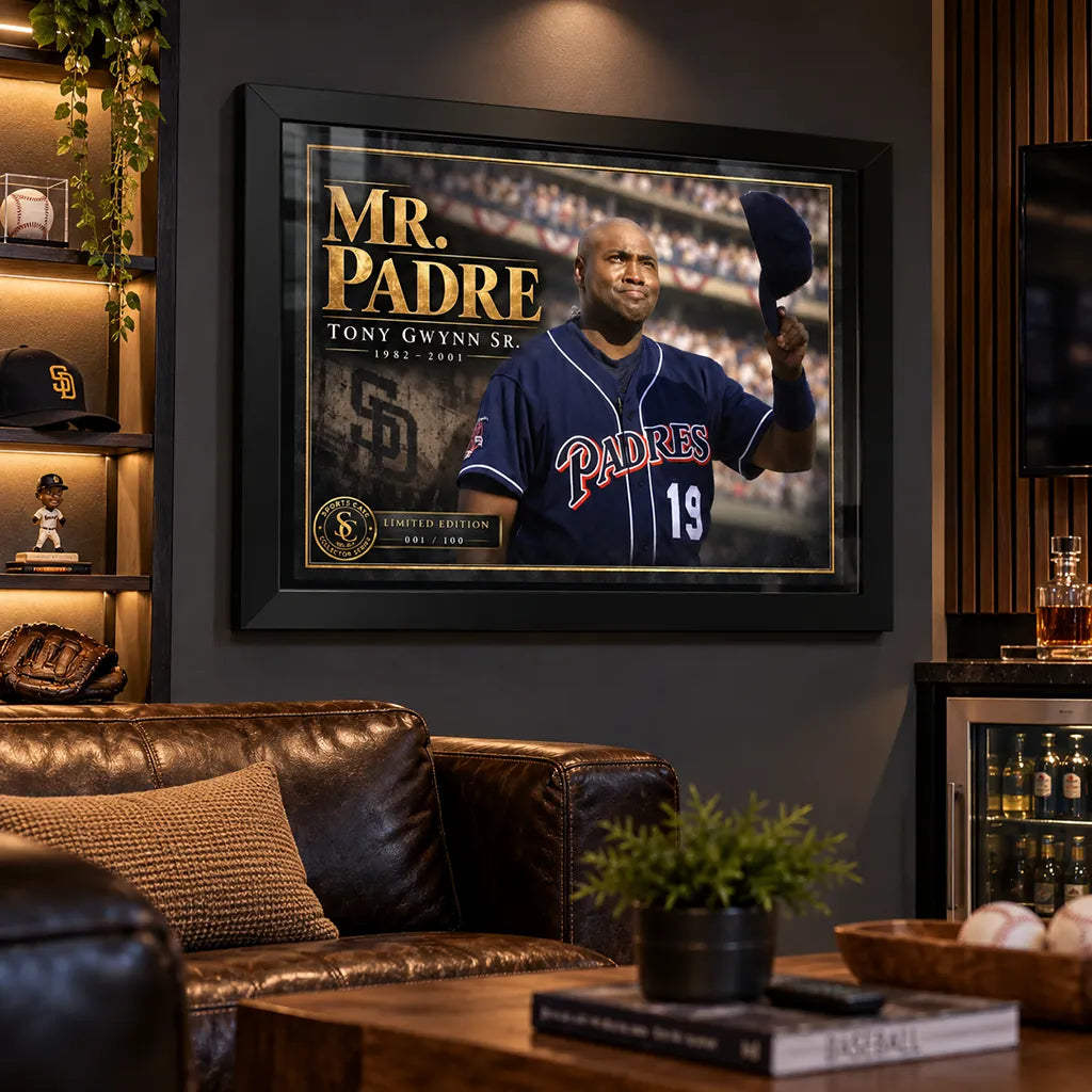 Tony Gwynn Mr. Padre black-framed edition displayed on a dark collector lounge wall with leather seating and baseball memorabilia.