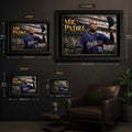 Tony Gwynn Mr. Padre framed edition size guide comparing Small, Medium, Large and XL dimensions on a collector room wall.