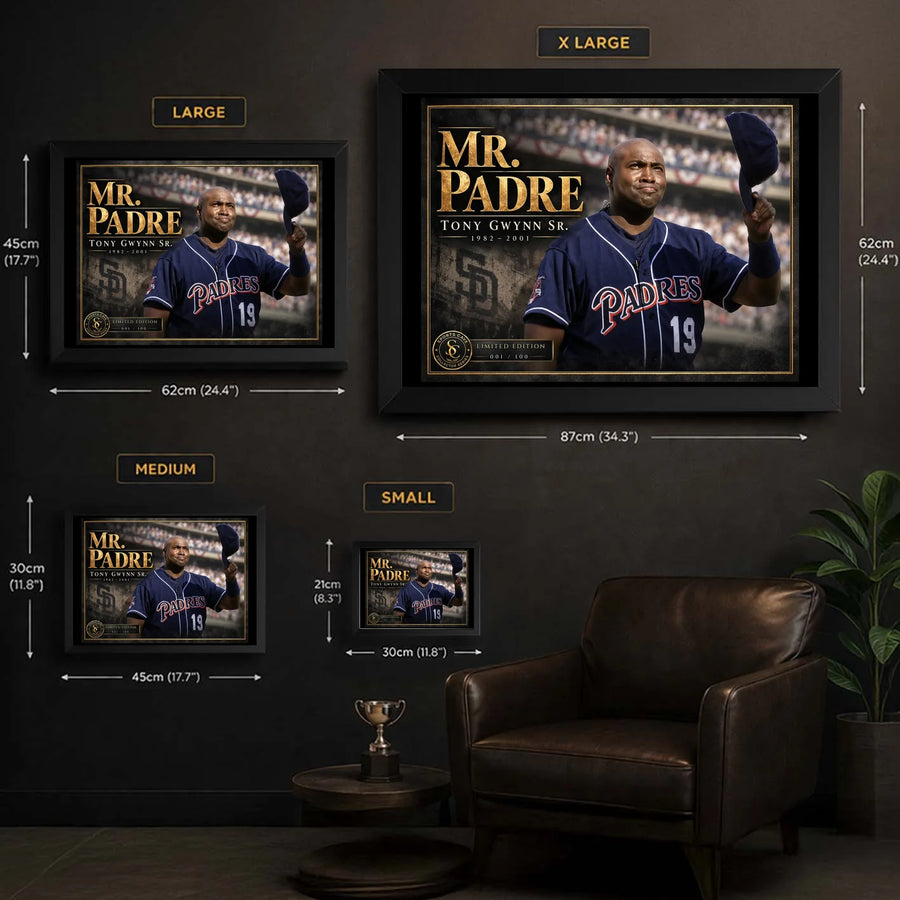 Tony Gwynn Mr. Padre framed edition size guide comparing Small, Medium, Large and XL dimensions on a collector room wall.