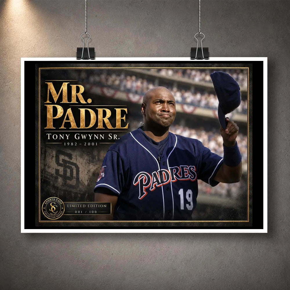 Tony Gwynn Mr. Padre unframed edition with a gold title, dark Padres uniform and limited-edition collector emblem.