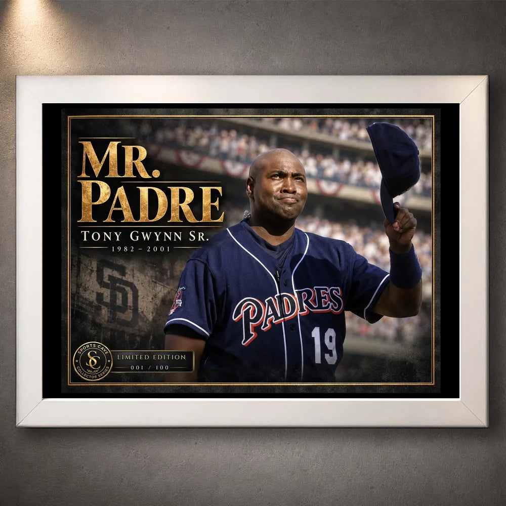 Tony Gwynn Mr. Padre baseball wall art in a white frame with a gold-lettered title and navy San Diego Padres uniform.