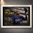 Tony Gwynn Mr. Padre baseball wall art in a white frame with a gold-lettered title and navy San Diego Padres uniform.