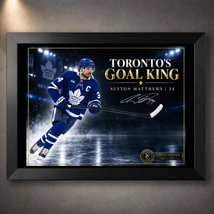 Black framed Auston Matthews hockey wall art featuring Toronto's Goal King artwork for a sports room or collector display.