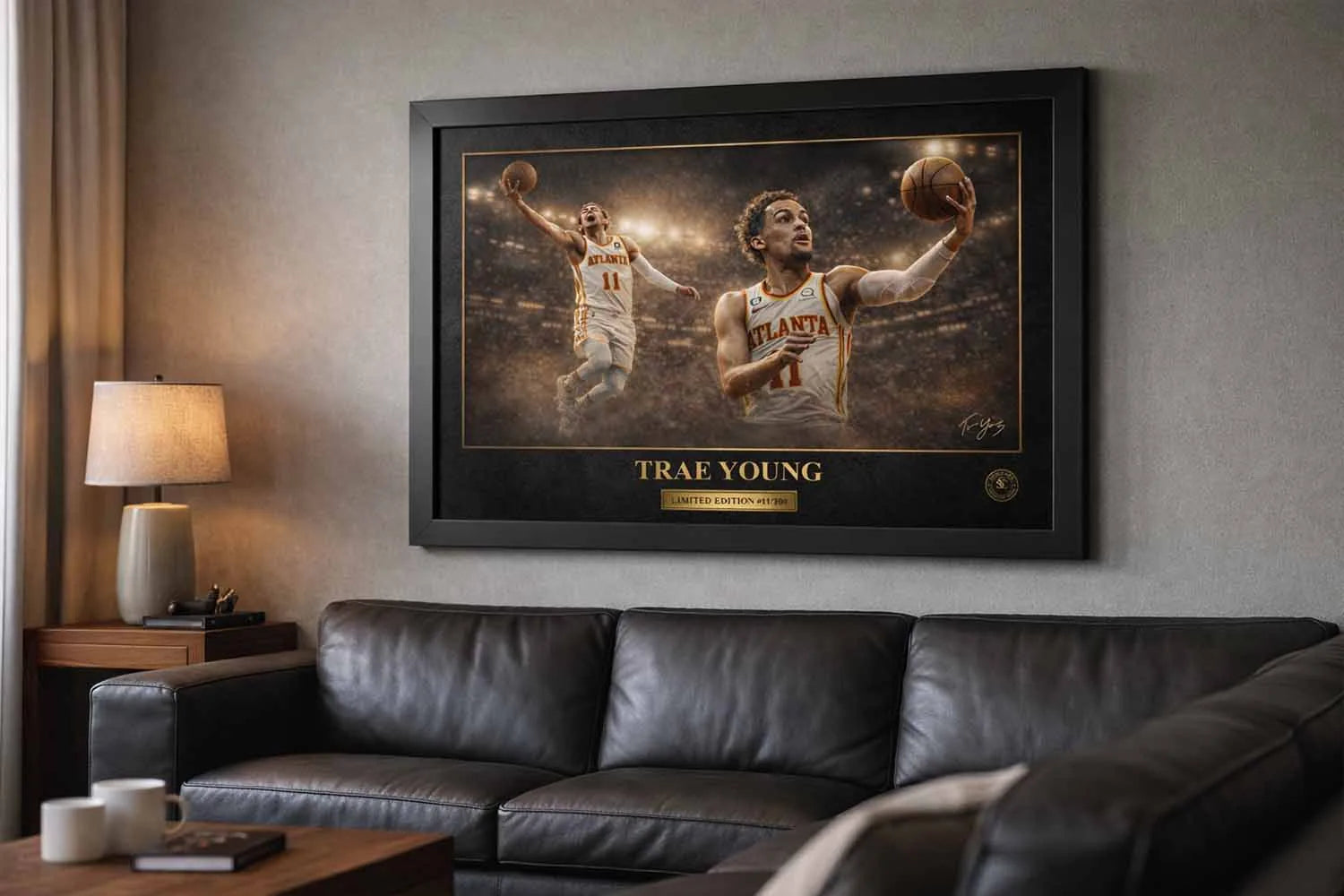 Trae Young framed NBA sports wall art displayed above modern leather sofa in collector-style man cave interior.