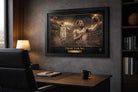 Trae Young framed sports wall art displayed in a modern office workspace with warm lighting and premium sports collectibles aesthetic.
