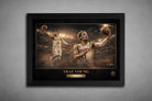 Limited edition Trae Young framed NBA sports wall art in black frame featuring Atlanta guard in dramatic arena scene.