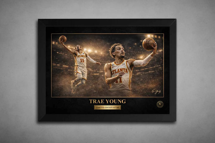 Limited edition Trae Young framed NBA sports wall art in black frame featuring Atlanta guard in dramatic arena scene.