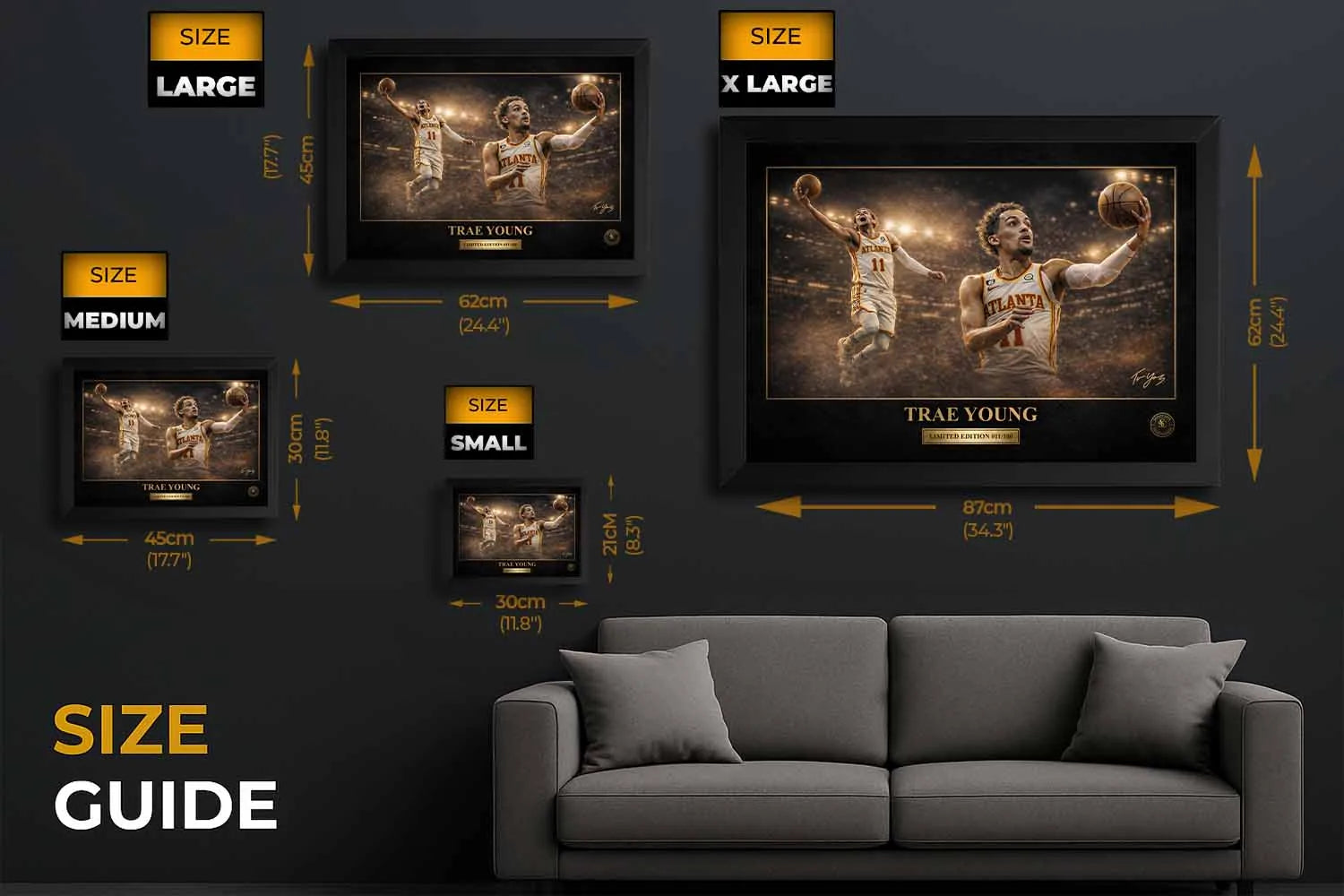Trae Young framed sports wall art size guide showing small, medium, large and XL framed print dimensions for wall display.