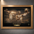 Trae Young NBA wall art in an oak frame, showing Atlanta basketball artwork with gold typography and arena lights.