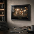 Trae Young framed NBA wall art displayed in a premium office with desk, chair, shelving and controlled lighting.