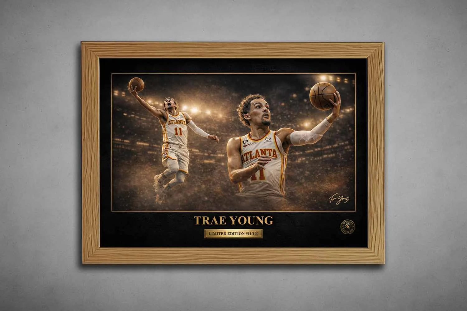 Limited edition Trae Young oak framed sports wall art featuring Atlanta star guard in cinematic basketball arena scene.