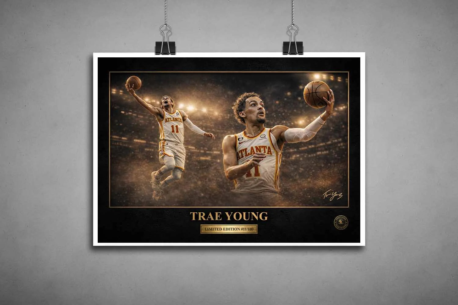 Unframed Trae Young sports art print featuring Atlanta guard in action with dramatic arena lighting and limited edition design.