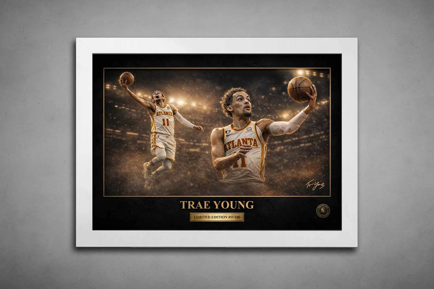 Trae Young white framed sports wall art featuring Atlanta guard in dramatic arena action scene, premium sports collectibles style.