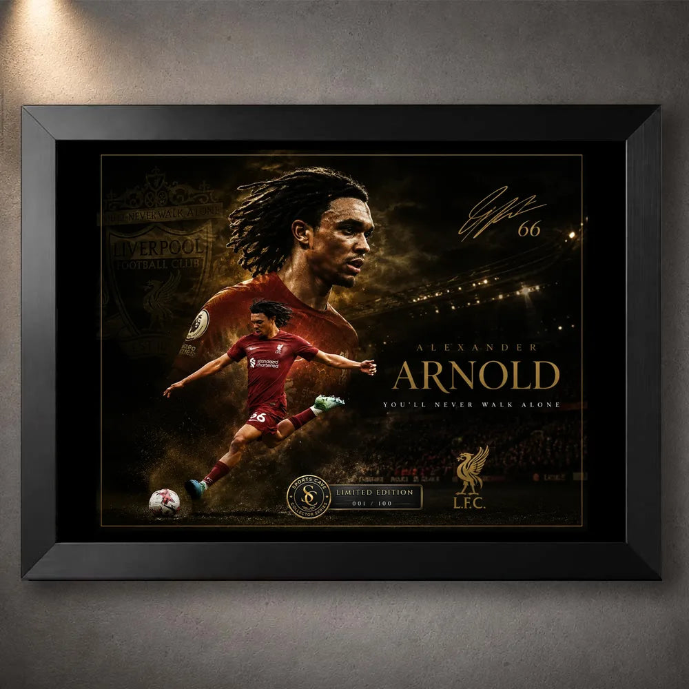 Trent Alexander-Arnold soccer wall art in a black frame with gold artwork details.