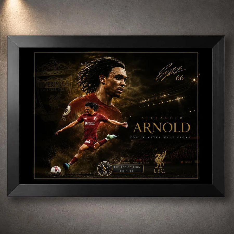 Trent Alexander-Arnold soccer wall art in a black frame with gold artwork details.