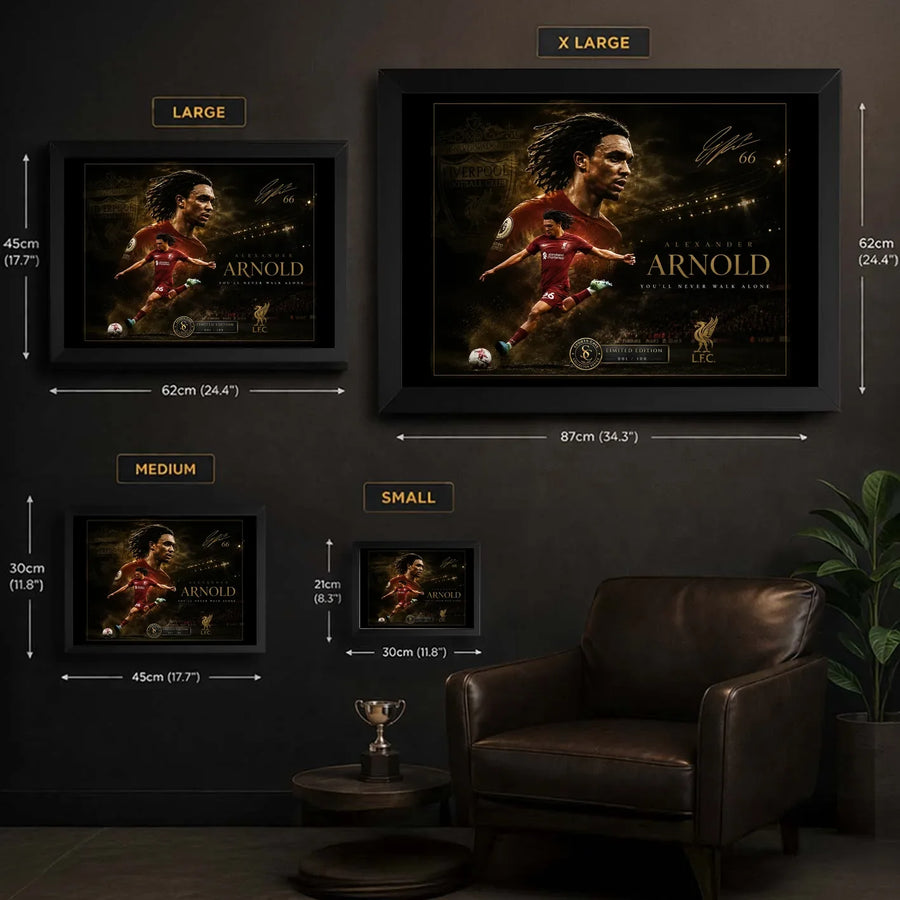 Trent Alexander-Arnold framed soccer wall art size guide showing S, M, L and XL dimensions.