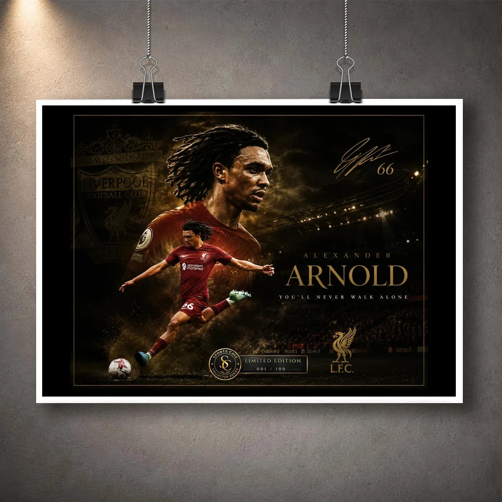 Unframed Trent Alexander-Arnold soccer wall art print hanging with clips on a grey wall.