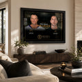 Favre and Rodgers wall art displayed in a contemporary living room above a low console and neutral furnishings.