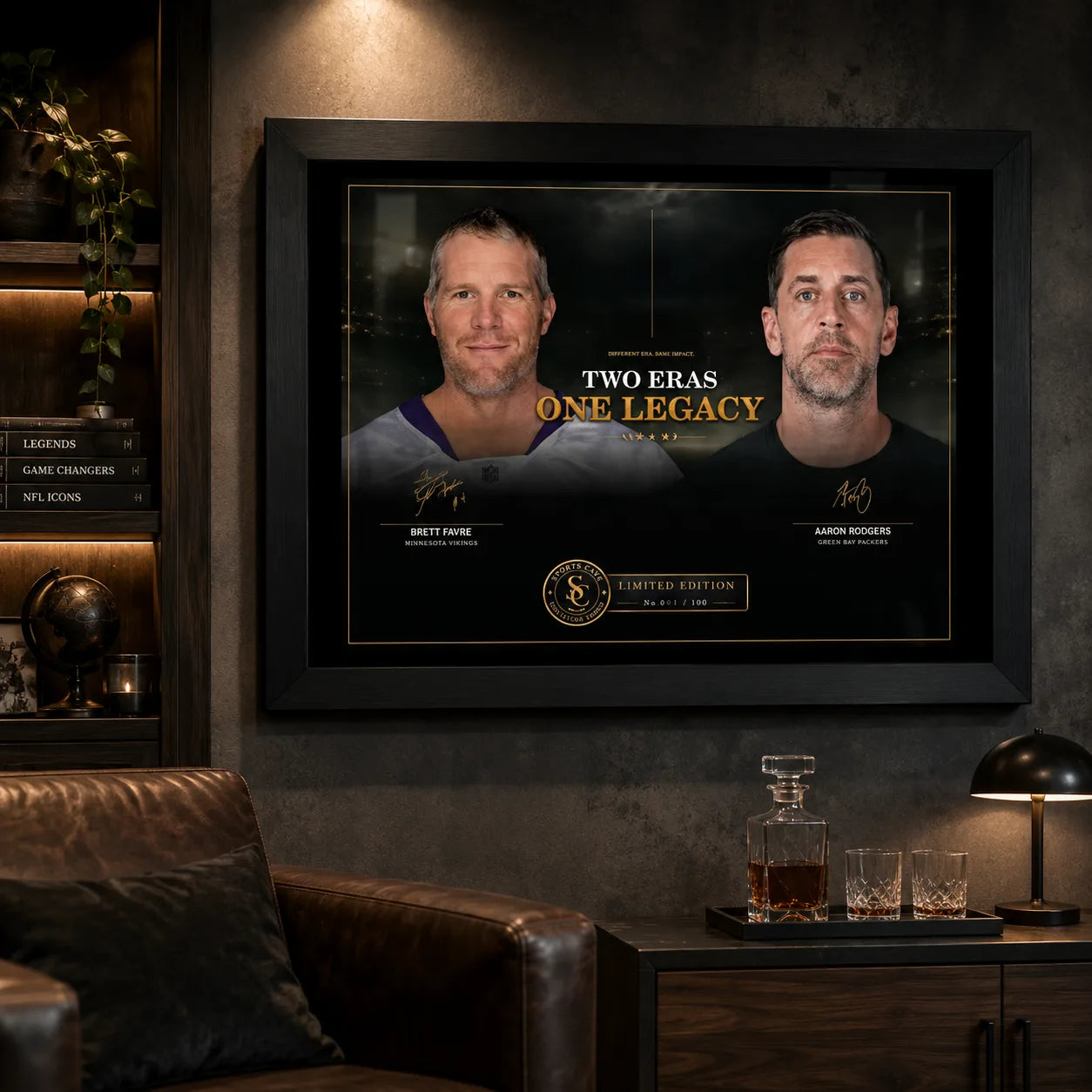 Favre and Rodgers wall art displayed in a dark man cave with leather seating and warm shelf lighting.