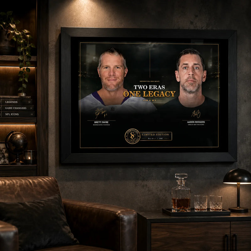 Favre and Rodgers wall art displayed in a dark man cave with leather seating and warm shelf lighting.
