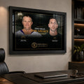 Favre and Rodgers wall art in a modern office above a dark desk, styled for an NFL collector space.