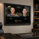 Favre and Rodgers wall art in a modern office above a dark desk, styled for an NFL collector space.