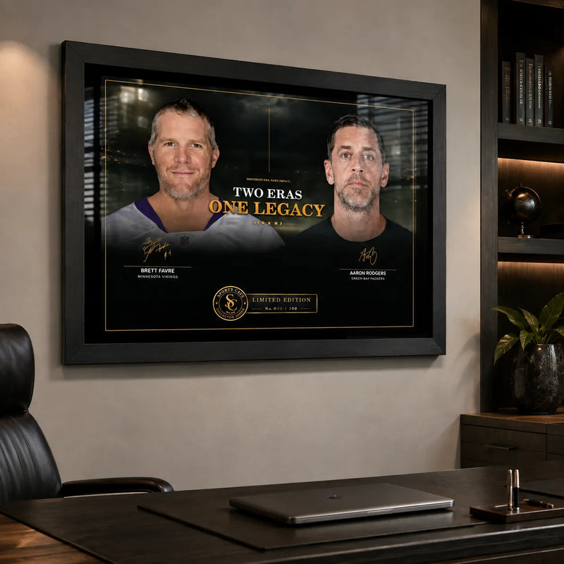 Favre and Rodgers wall art in a modern office above a dark desk, styled for an NFL collector space.