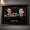 Black framed Favre and Rodgers wall art featuring the Two Eras One Legacy NFL quarterback tribute.