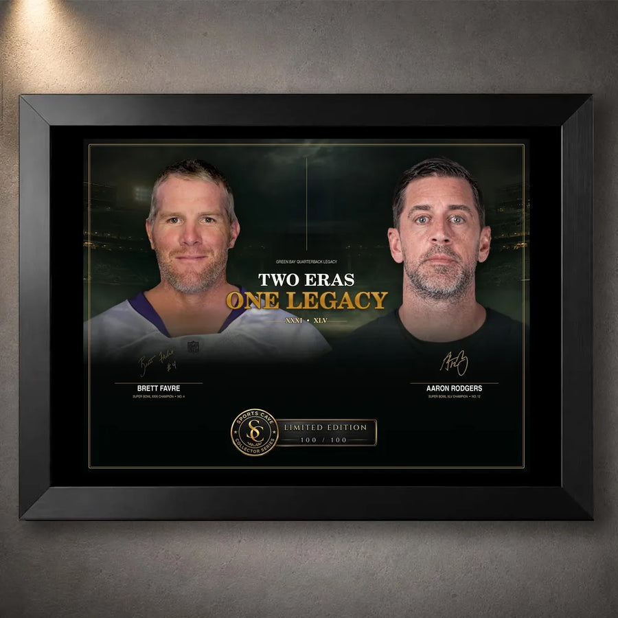 Black framed Favre and Rodgers wall art featuring the Two Eras One Legacy NFL quarterback tribute.