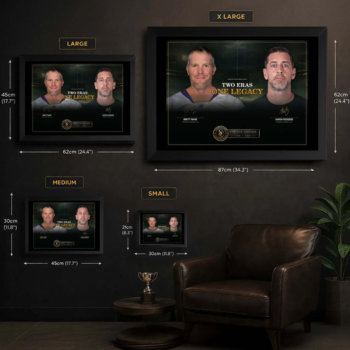 Favre and Rodgers wall art size guide showing XL, large, medium and small framed display dimensions.