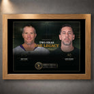 Oak framed Favre and Rodgers wall art featuring the Two Eras One Legacy quarterback design.