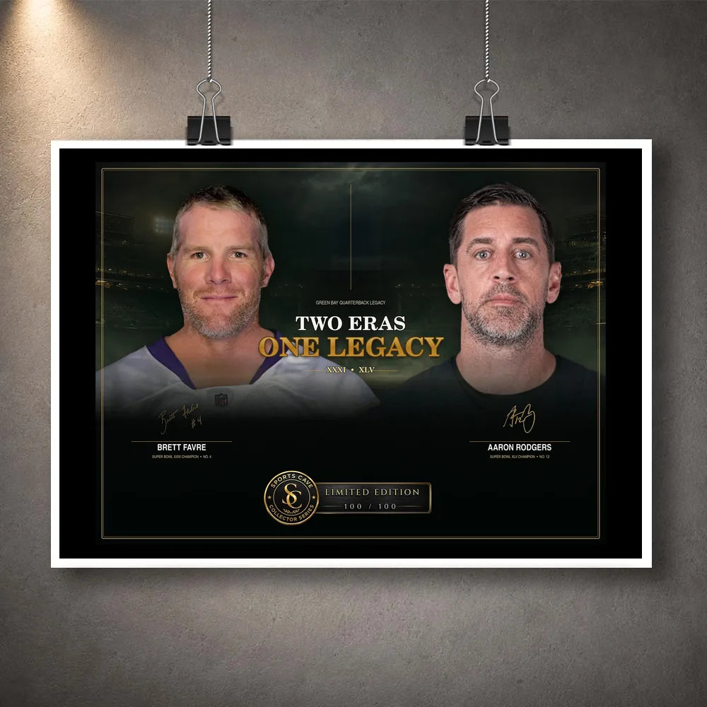 Unframed Favre and Rodgers wall art print featuring the Two Eras One Legacy quarterback composition.