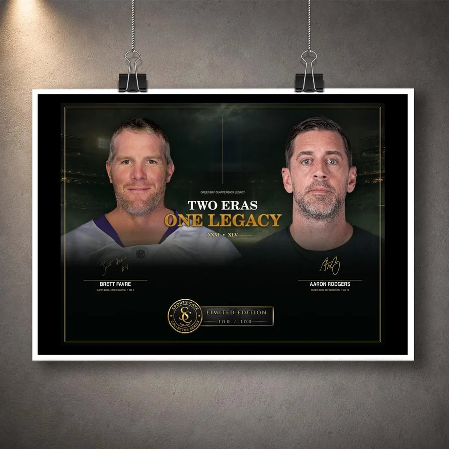 Unframed Favre and Rodgers wall art print featuring the Two Eras One Legacy quarterback composition.