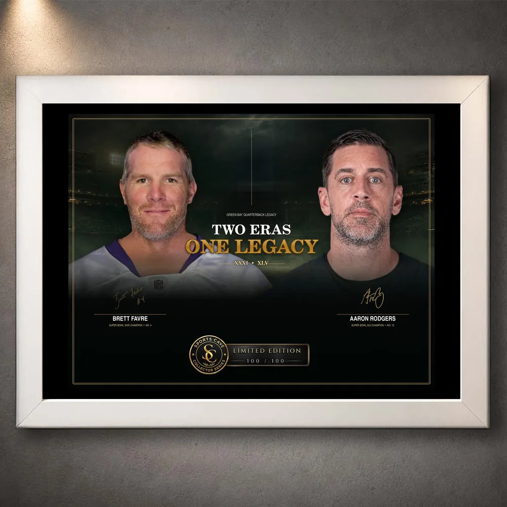White framed Favre and Rodgers wall art featuring the Two Eras One Legacy NFL quarterback tribute.