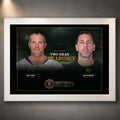 White framed Favre and Rodgers wall art featuring the Two Eras One Legacy NFL quarterback tribute.