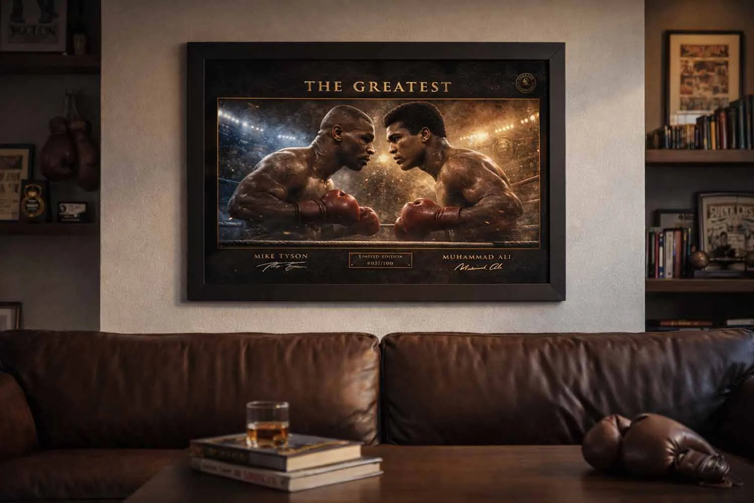 Mike Tyson vs Muhammad Ali framed boxing artwork displayed above leather sofa in stylish fight fan lounge, man cave wall décor.
