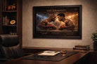 Mike Tyson vs Muhammad Ali framed boxing artwork displayed in premium office setting, collectible framed sports memorabilia.