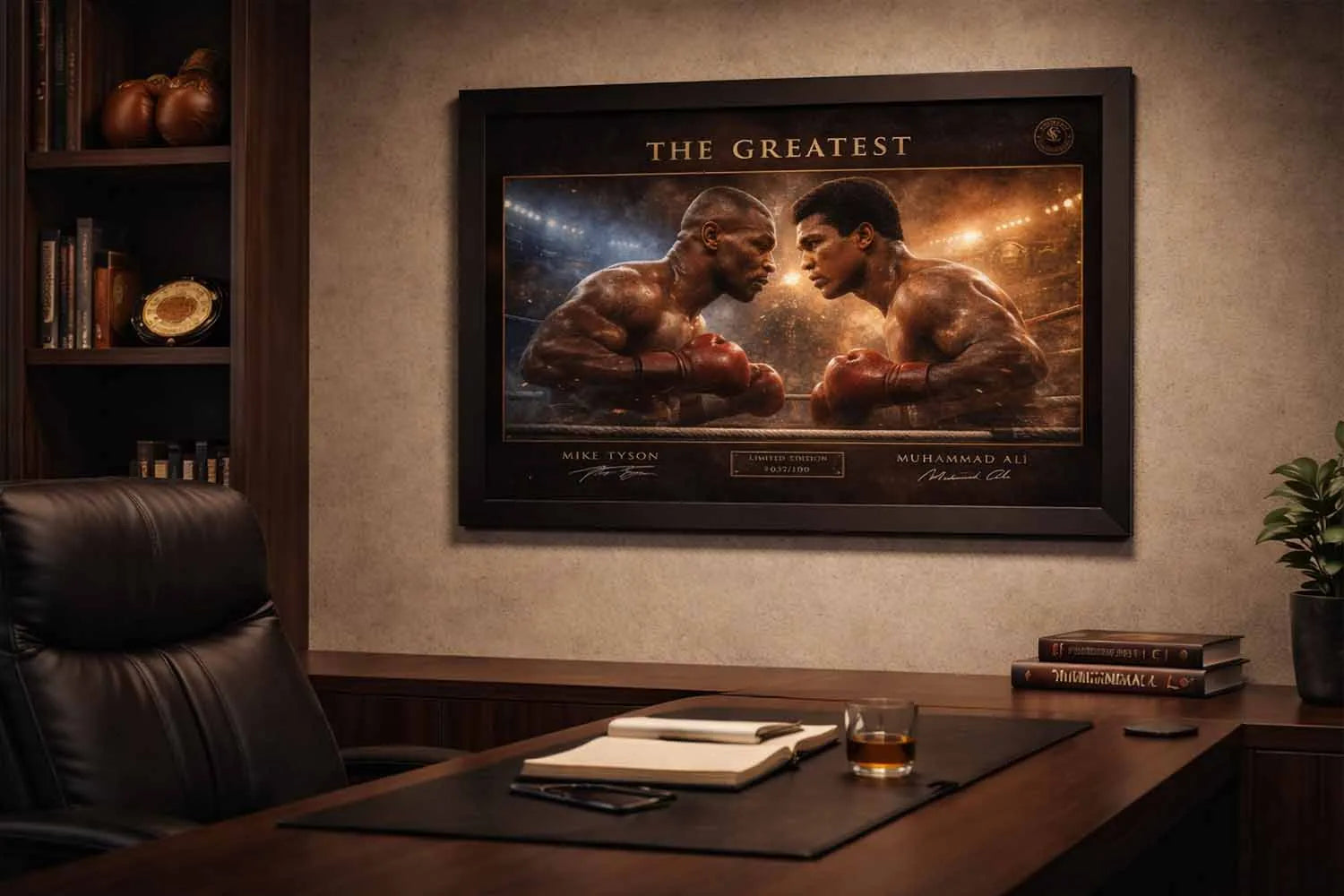 Mike Tyson vs Muhammad Ali framed boxing artwork displayed in premium office setting, collectible framed sports memorabilia.