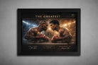 Mike Tyson vs Muhammad Ali “The Greatest” boxing artwork in black frame, dramatic arena faceoff, premium sports collectibles.