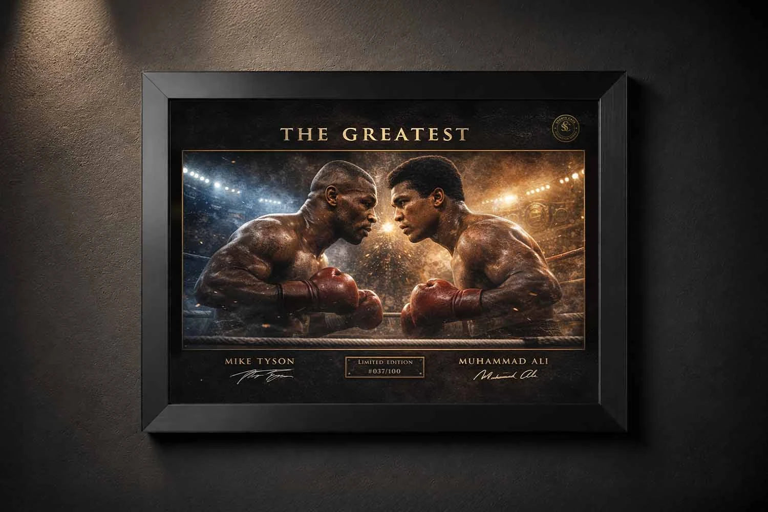 Limited‑edition framed sports memorabilia of Tyson vs Ali in black finish, crafted for premium boxing fans.