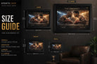 Size guide showing framed Tyson vs Ali sports wall art in four dimensions for man cave and office spaces.