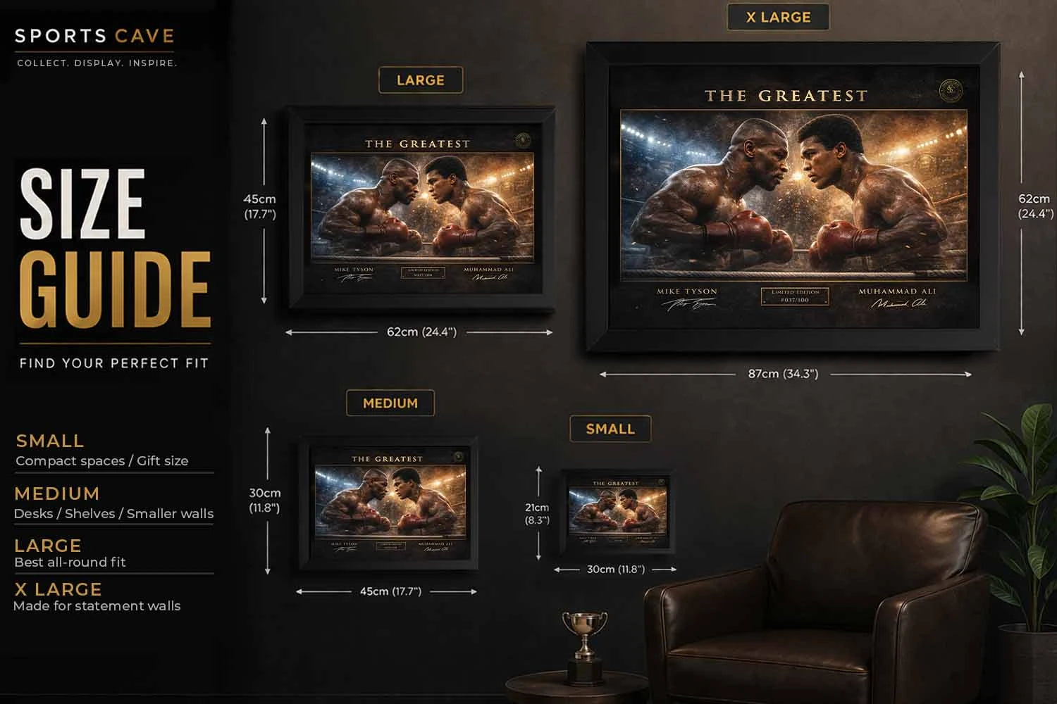 Size guide showing framed Tyson vs Ali sports wall art in four dimensions for man cave and office spaces.